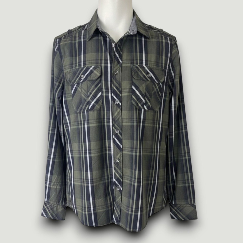 ROCK & REPUBLIC Mens‎ Shirt S Green Black Plaid Long Sleeve Button Up Casual - Picture 2 of 6